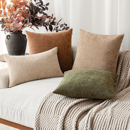 Foindtower Set of 2 Textured Chenille Throw Decorative Pillow Covers Square Accent Solid Cushion Cover Neutral Farmhouse Lumbar Pillow Case for Couch Sofa Bedroom Living Room 12x24 Inch,Cream Camel
