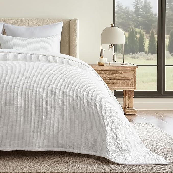 EVERGRACEHOME Cotton Gauze Full Queen Bedspread, Ultra Soft Prewashed Pick Stitch Matelassé Coverlet, Lightweight Textured Oversized Queen Quilt Bedding Set for All Season, with 2 Shams, Ivory White