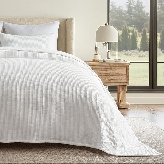 EVERGRACEHOME Cotton Gauze Full Queen Bedspread, Ultra Soft Prewashed Pick Stitch Matelassé Coverlet, Lightweight Textured Oversized Queen Quilt Bedding Set for All Season, with 2 Shams, Ivory White