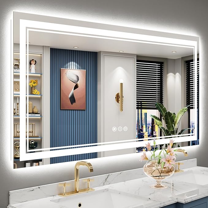 60x30 LED Bathroom Mirror with Lights, Backlit & Front Lit, Anti-Fog Frameless Lighted Vanity Mirrors for Bathroom Wall, Dimmable, 3-Color Light, Memory, Shatter-Proof, Tempered Glass, CRI＞90