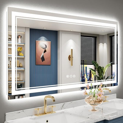 60x30 LED Bathroom Mirror with Lights, Backlit & Front Lit, Anti-Fog Frameless Lighted Vanity Mirrors for Bathroom Wall, Dimmable, 3-Color Light, Memory, Shatter-Proof, Tempered Glass, CRI＞90