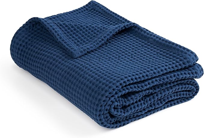 100% Cotton Waffle Blankets for Bed - Throw (50" x 60") Lightweight, Breathable and Soft, Waffle Weave Blanket for All-Season - Summer, Spring, Winter (Blue)