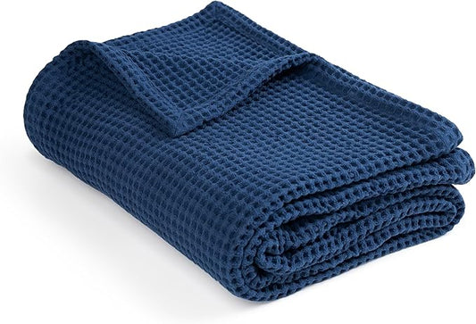 100% Cotton Waffle Blankets for Bed - Throw (50" x 60") Lightweight, Breathable and Soft, Waffle Weave Blanket for All-Season - Summer, Spring, Winter (Blue)