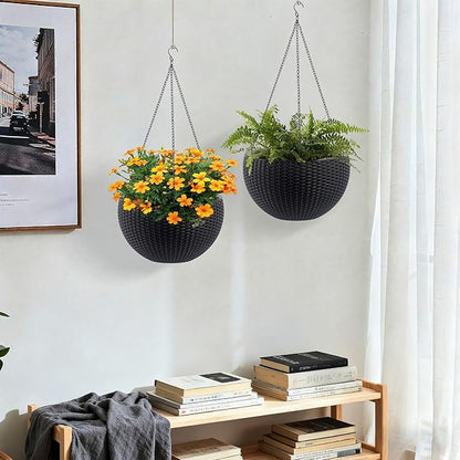 13.5 inch 2Pack Large Hanging Planters for Outdoor/Indoor Plants, Self Watering Hanging Pot with Water Level Indicato, Drainage Holes and Chain for Garden Porch, Black