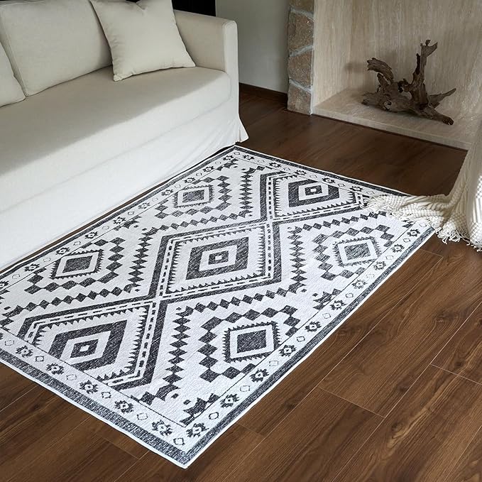 Moroccan Washable Area Rug 4x6, Geometric Decorative Woven Rug Low Pile, Non-Slip Boho Accent Farmhouse Indoor Floor Carpet for Living Room Entryway Laundry Bedroom, Black and White