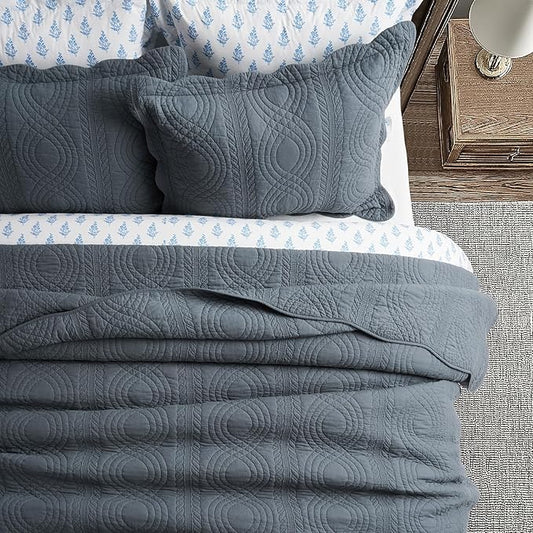EVERGRACEHOME 100% Cotton Scallop Quilt Set, King Size 3 Piece Set – Lightweight Bedspread with 2 Shams, Soft Prewashed Matelasse Coverlet for Cozy and Elegant Bedding, Stormy Blue