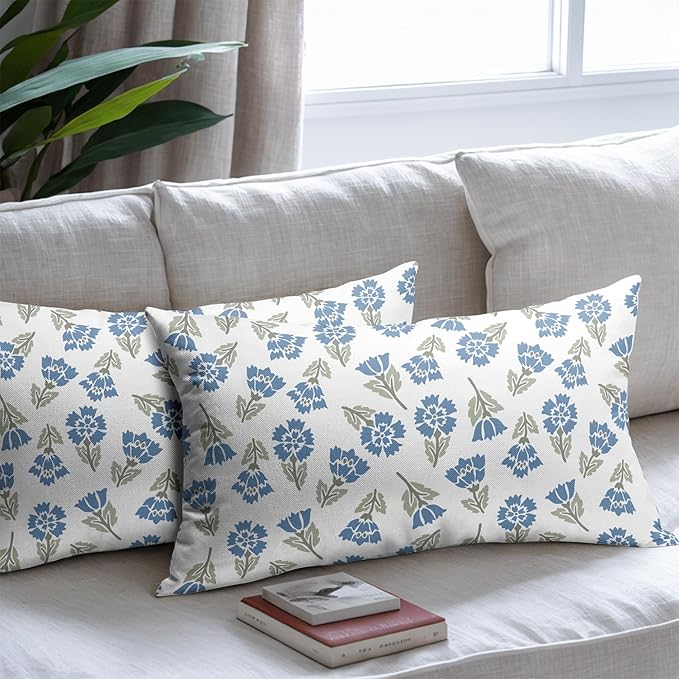 Blue Green Block Print Lumbar Pillow Covers 12x20 Set of 2 Floral Spring Summer Flower Pattern Decorative Outdoor Throw Pillowcases Boho Cushion Cover Rustic Decoration Farmhouse Sofa Couch Bed Decor