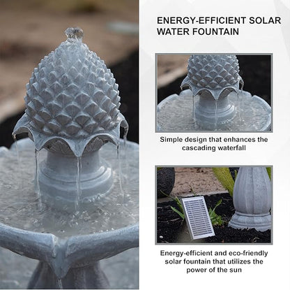 XBrand 44" H White Fiberglass/Resin 2-Tier Solar Water Feature w/Auto-Off Pump - Tall Outdoor Birdbath Fountain