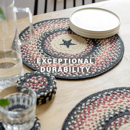 Homespice Primitive Star Gloucester Jute Woven Round Placemats Set of 6, 15", Warm Primitive Decor, Black and Red Table Mats - Vibrant Colors, Durable, Easy to Clean and Protects Furniture