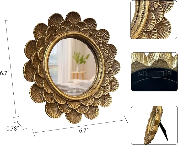Vintage Vanity Makeup Desk Mirror，Antique Traditional Roundness Table Mirror Vintage Gold， for Dressing Table,Bedroom, Bathroom,Tabletop,Antique, 6.7" x 6.7"