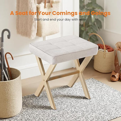 Sweetcrispy Vanity Stool Ottoman, Square Linen Makeup Stool Metal X Legs, Small Footstool Chair for Vanity, Modern Padded Seat Foot Rest for Makeup Room, Bathroom,Living Room, Entryway, Beige