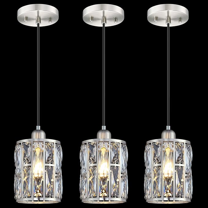 3 Pack 1 Light 5.3" Crystal Hanging Kitchen Island Pendant Light Brushed Nickel Finish,Concise Pendant Fixture Crystal Plate Metal Shade for Bar,Dining Room,Living Room Over Sink