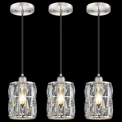 3 Pack 1 Light 5.3" Crystal Hanging Kitchen Island Pendant Light Brushed Nickel Finish,Concise Pendant Fixture Crystal Plate Metal Shade for Bar,Dining Room,Living Room Over Sink