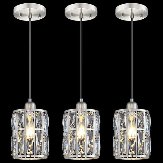 3 Pack 1 Light 5.3" Crystal Hanging Kitchen Island Pendant Light Brushed Nickel Finish,Concise Pendant Fixture Crystal Plate Metal Shade for Bar,Dining Room,Living Room Over Sink