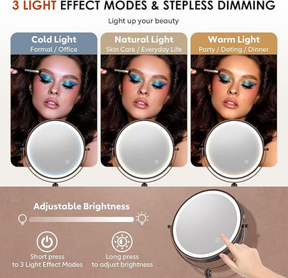 9" Wall Mounted Lighted Makeup Mirror,4000mAh Rechargeable Double Sided 1X/20X Magnifying Mirror with Light,Touch Dimmable,Extended Arm 360 Rotation Wall Mounted Makeup Mirror 3 Color Lights-Bronze
