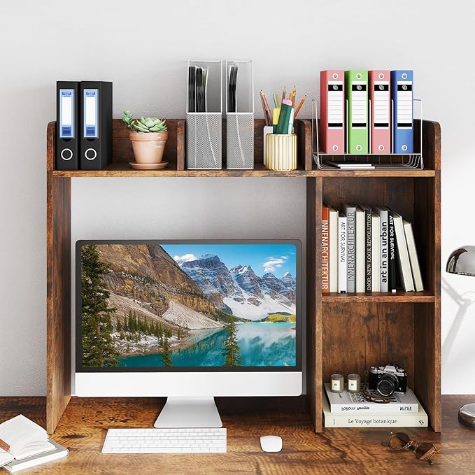 Desktop Bookshelf, 3-Tier Wood Countertop Bookcase with 5 Shelves, Desk Hutch for College Dorm, Multipurpose Desk Organizer Shelf Display Rack for Home Office, Hutch Top Only