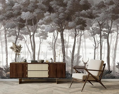 Vintage Forest Wall Mural Dark Trees Animals Wallpaper for Living Room Bedroom（Not Peel and Stick）