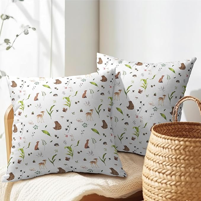Neutral Spring Pillow Covers 16x16 Set of 2 Forest Throw Pillow Covers Rustic Pillowcase Linen Decoration Farmhouse Soft Decorative Plants Animals Cushion Case Couch for Indoor Outdoor Home Decor