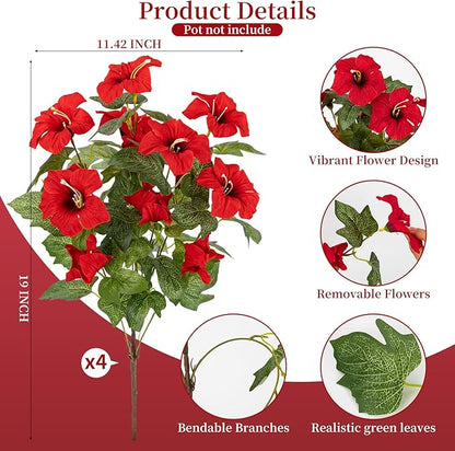 19 Inch Artificial Flowers for Outdoor Indoor Garden Home Decoration,Faux Flower for Home Office Garden Patio Balcony 4 Bundles (Red)