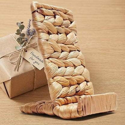 Ahyra Wicker Cell Phone Stand for Desk, Sturdy Tablet & E-Reader Holder, Handcrafted Woven Art Piece, Scratch-Free Cradle, Boho Desk Decor