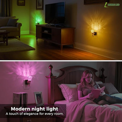 L LOHAS LED Night Lights Plug into Wall - 2 Pack 10-Color Changing RGB Floral Night Lights with Auto Sensor, 3 Brightness Levels, Rotatable Plug in Nightlight for Bedroom, Nursery, Hallway, Gift