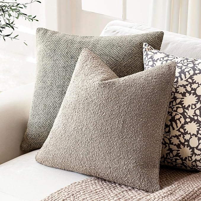 Foindtower Decorative Textured Boucle Throw Pillow Covers Accent Solid Pillow Cases Neutral Soft Cozy Couch Cushion Case for Chair Sofa Bedroom Living Room Home Decor 22x22 Inch,1PC,Light Taupe