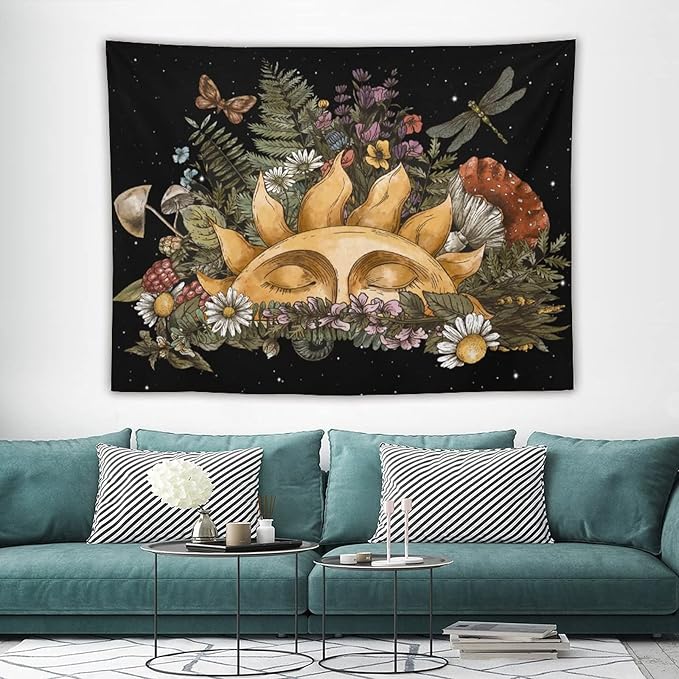 Vintage Sun Tapestry,Boho Hippie Mushroom Starry Floral Forest Plant Tapestries Wall Hanging for Dorm Living Room Bedroom Home Decor(60"x80")