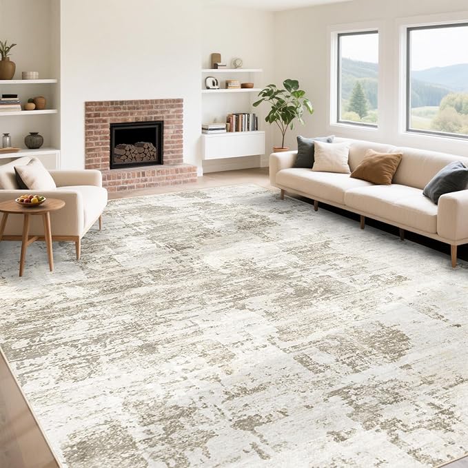 9x12 Area Rug for Living Room, Washable Modern Abstract Large Area Rug Neutral Soft Non Slip Kids Rug Stain Resistant Indoor Carpet for Bedroom Nursery Dining Room Playroom Office(BeigeBrown, 9'x12')