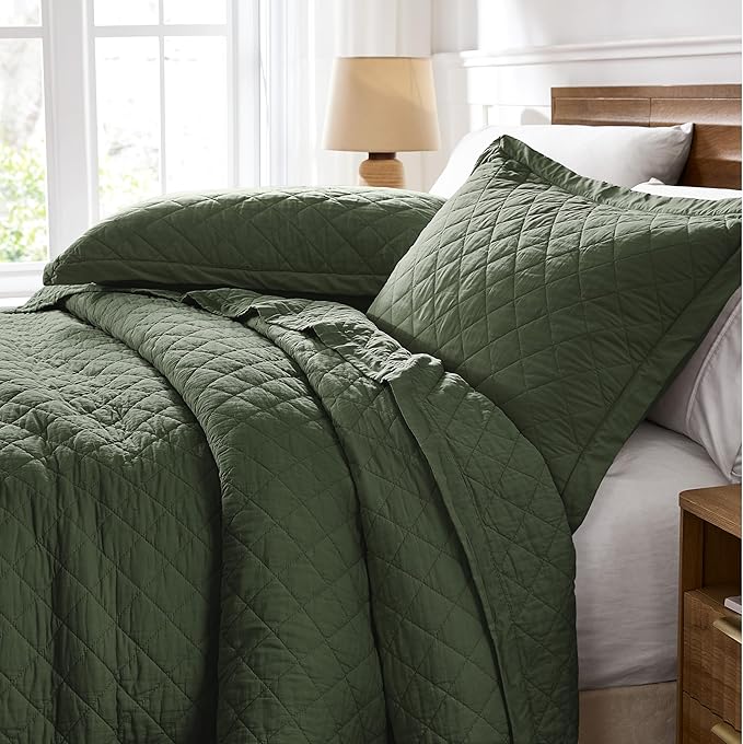 WDCOZY 100% Pre-Washed Cotton King Size Quilt Set - Olive Green Ruffle Box Soft Lightweight Bedspread, Textured Like Linen, Farmhouse Country Rustic Coverlet, Shabby Chic Gauze Bedding, 3 Pieces