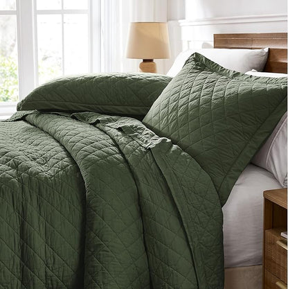 WDCOZY 100% Cotton Oversized King Size Quilt Set - Olive Green California Cal King Soft Lightweight Bedspread, Textured Like Linen, Farmhouse Country Rustic Coverlet, Diamond Stitch Bedding