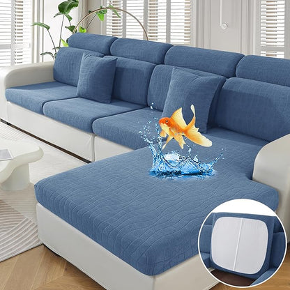 MAXIJIN Waterproof 3 Pieces Couch Cushion Covers for Sectional Sofa Seat Slipcover Stretch Sectional Couch Cover for L Shape Left/Right Chaise with Elastic Bottom (2 Seater + 1 Chaise, Dusty Blue)