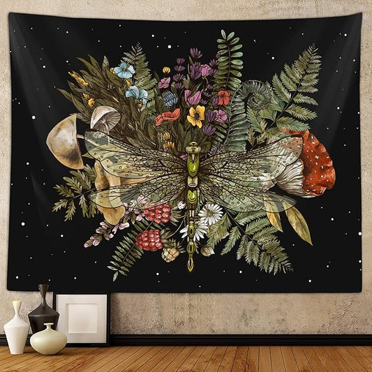 Boho Mushroom Dragonfly Tapestry for Bedroom Aesthetic, Vintage Botanical Plant Art Tapestries Wall Hanging for College Dorm Living Room Decor 40X30", Fairy Galaxy Poster Blanket