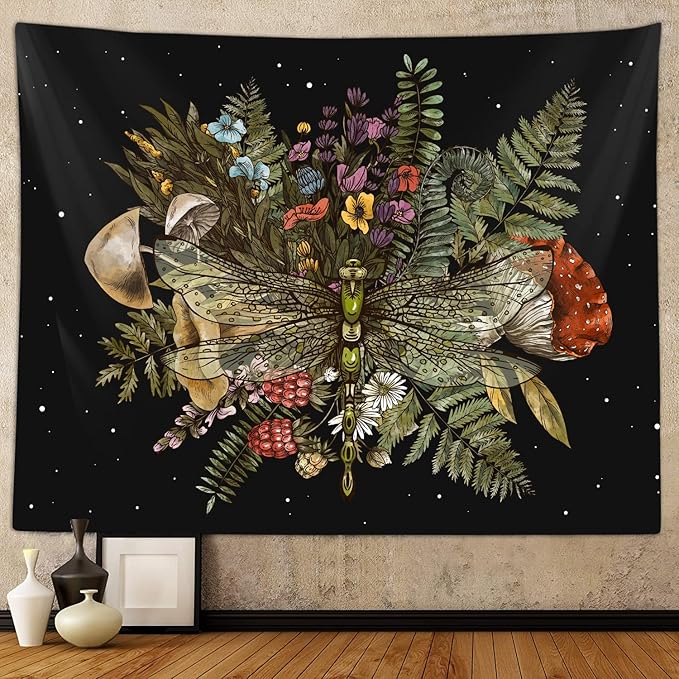 Boho Mushroom Dragonfly Tapestry for Bedroom Aesthetic, Vintage Botanical Plant Art Tapestries Wall Hanging for College Dorm Living Room Decor 80X60", Fairy Galaxy Poster Blanket