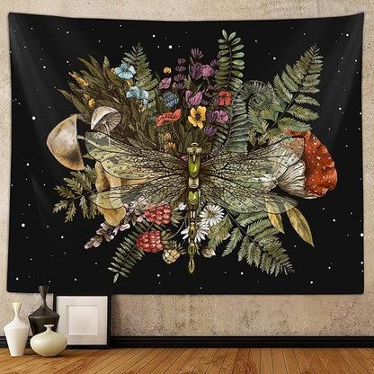 Boho Mushroom Dragonfly Tapestry for Bedroom Aesthetic, Vintage Botanical Plant Art Tapestries Wall Hanging for College Dorm Living Room Decor 80X60", Fairy Galaxy Poster Blanket