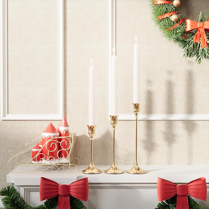 French Gold Candlestick Holders Taper Candle Holders, Set of 3 Vintage Candle Sticks Holder Decor Used as Fireplace Mantel or Table Centerpieces for Wedding, Dinning, Party