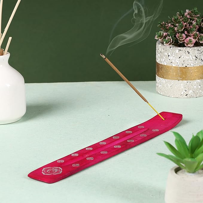 Bless-International Traditional-Handmade-Burner Wooden-Incense-Stick-Holder Ash-Catcher-Stand for-Aromatherapy-Meditation-Yoga (Heart Pink) 10 Inches, Pack of 2