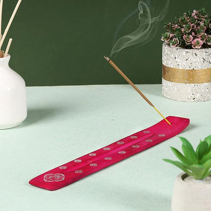 Bless-International Traditional-Handmade-Burner Wooden-Incense-Stick-Holder Ash-Catcher-Stand for-Aromatherapy-Meditation-Yoga (Heart Pink) 10 Inches, Pack of 2