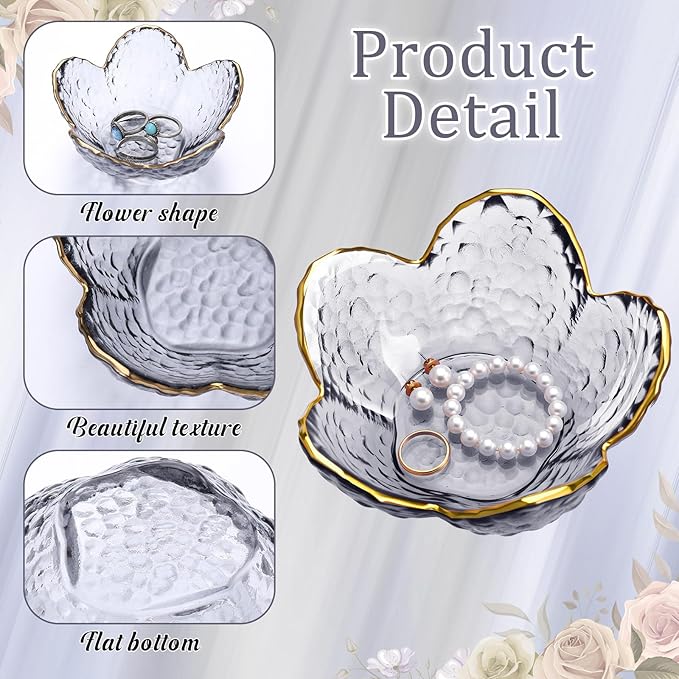 Quelay 8 Set Flower Ring Dish Jewelry Tray with Box and Greeting Card, Small Glass Trinket Tray for Rings Earrings Jewelry Room Decor Gifts for Women Mom Wife Daughter (Grey)