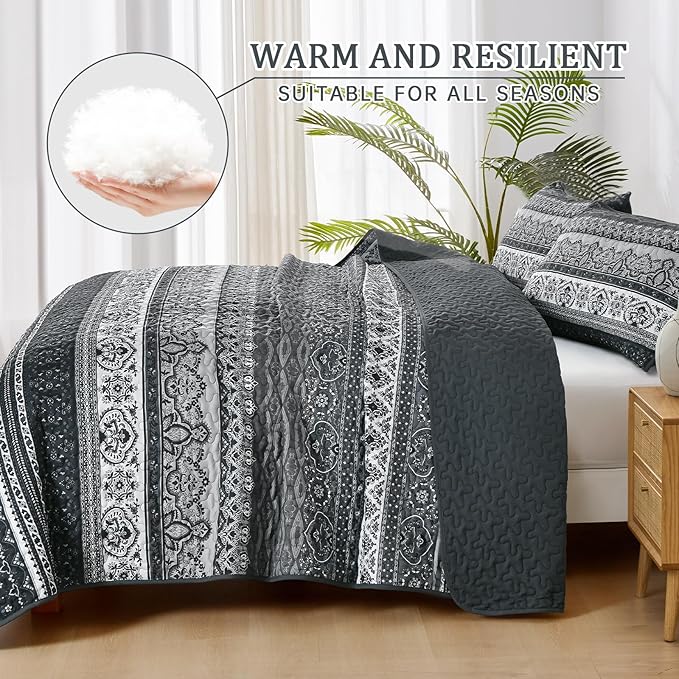 WONGS BEDDING Boho King Quilt Set, Black Bohemian Quilt Bedding Set, Lightweight Bed Decor Bedspread for All Season Reversible Microfiber Coverlet Bedding Set 110"x90"(3 Pieces)