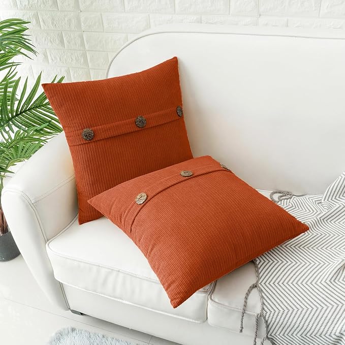 HWY 50 Burnt Orange Chenille Throw Pillow Covers 16x16 Inch with Triple Buttons, Soft Fall Farmhouse Accent Decorative Cushion Cases for Couch Sofa Bed Bedroom Pack of 2