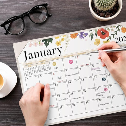 Ospelelf Desk Calendar 2026-2027 Wall Monthly Planner 12"x17" Leather Pad with Protective Cover 18 Months January 2026 - June 2027 White Floral