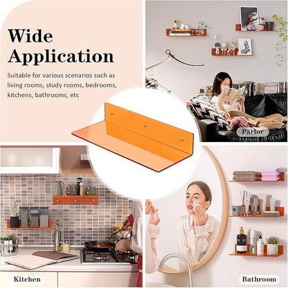 Sezanrpt 15 Inches Orange Acrylic Wall Shelves 2 Pack, L Shape Floating Shelf, Perspex Wall Mounted Shelves for Home Décor, Model Car, Candle, Calendar, Towel, Tissue