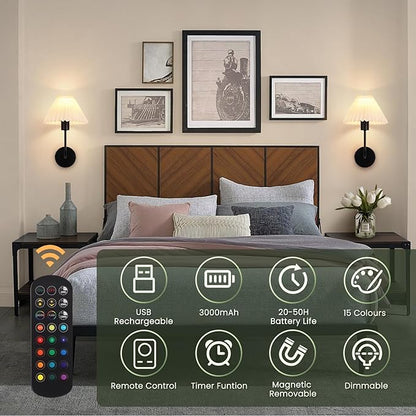 Rechargeable Battery Operated Wall Sconces Sets of 2, 15 Colors Wireless Wall Sconce, Black Wall Lights Fixture with Dimmable Bulbs and Remote, Not Hardwired Wall Mounted Lamps for Bedroom Living Room