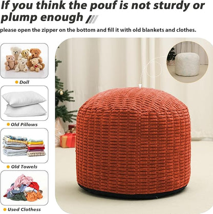 Round Stuffed Pouf Ottoman for Foot Rest, Storage Ottoman Pouf Foot Stool Cushion, Faux Fur Poufs with Foam Chunk Filling, 26 X 18 Inch Floor Chair for Living Room Bedroom Home Decor, Coral Orange