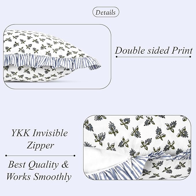Ridhi Baby Blossams Modern Farmhouse Pillow 20x20 Block Print Cotton Throw Pillow Covers Set of 2 Cushion Covers with Ruffle Couch Sofa Bed Living Room Home Decor Christmas, Thanksgiving
