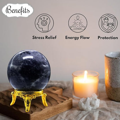 Amazing Gemstone Iolite Crystal Ball with Stand - 1.5 Inches Crystal Sphere Meditation Balls for Witchcraft and Decorative Balls