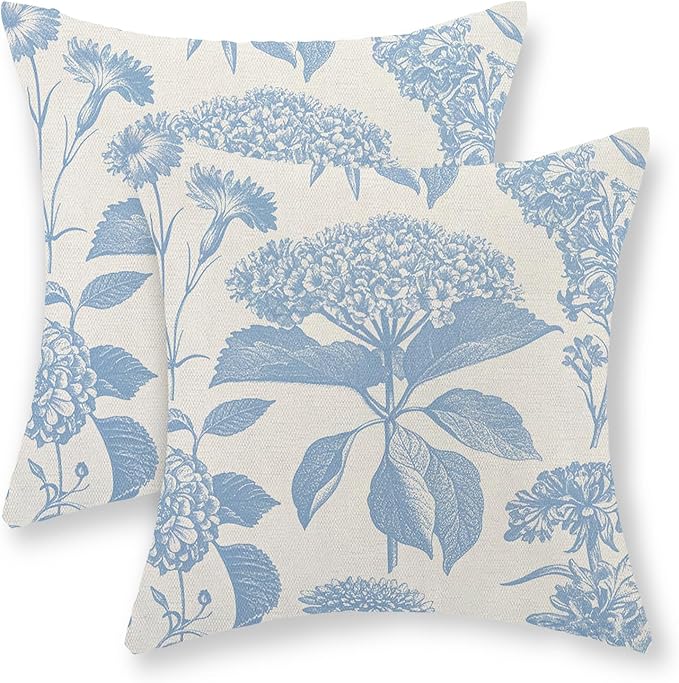 Baby Blue Pillow Covers 18x18 Set of 2 Vintage Boho Floral Hydrangea Herbs Botanical Throw Pillows Outdoor Flower Decoration Pillowcase Linen Farmhouse Cushion Case Decorative for Couch Sofa