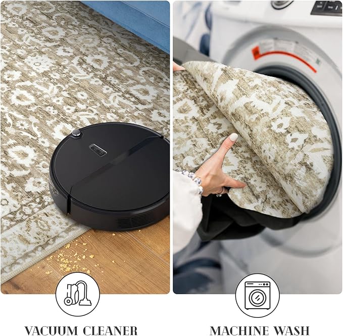 Runner Rug 2.6x10, Beige Tan White Washable Long Hallway Rug Runner Non-Slip Soft Kitchen Runner Thin Printed Faux Wool Super Soft Carpet for Entryway Bedroom Laundry Room Indoor Home Decor