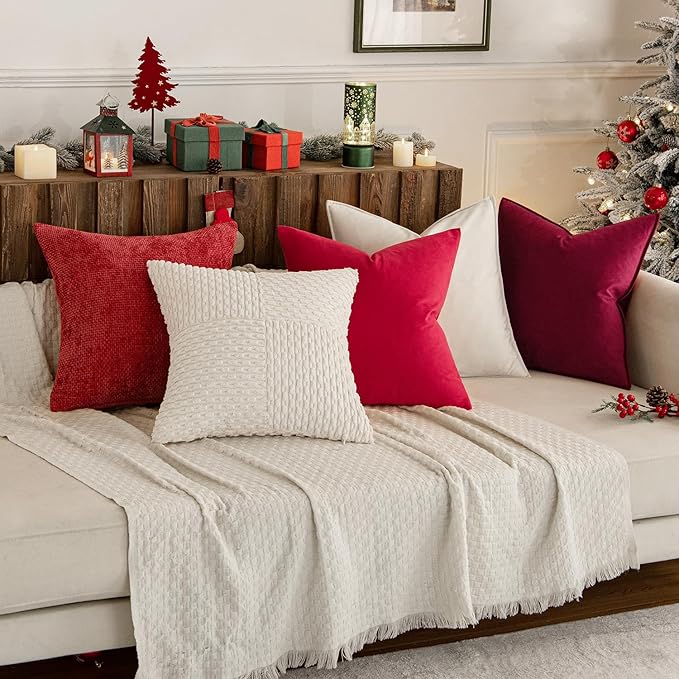 MIULEE Pack of 2 Christmas Decorative Velvet Throw Pillow Covers Soft Pillowcase Cozy Soft Square Cushion Covers Cases for Winter Sofa Couch Bedroom Home Decor 20x20 Inch Red