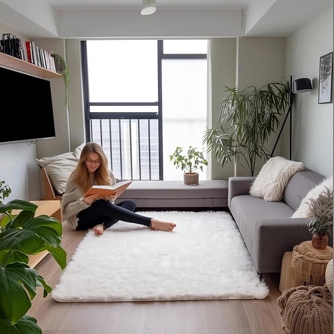 Super Area Rugs 3x5 White Faux Fur Shag Rug for Bedroom, Living Room - Silky Soft Shag Rug, Glam Modern Fluffy Carpet